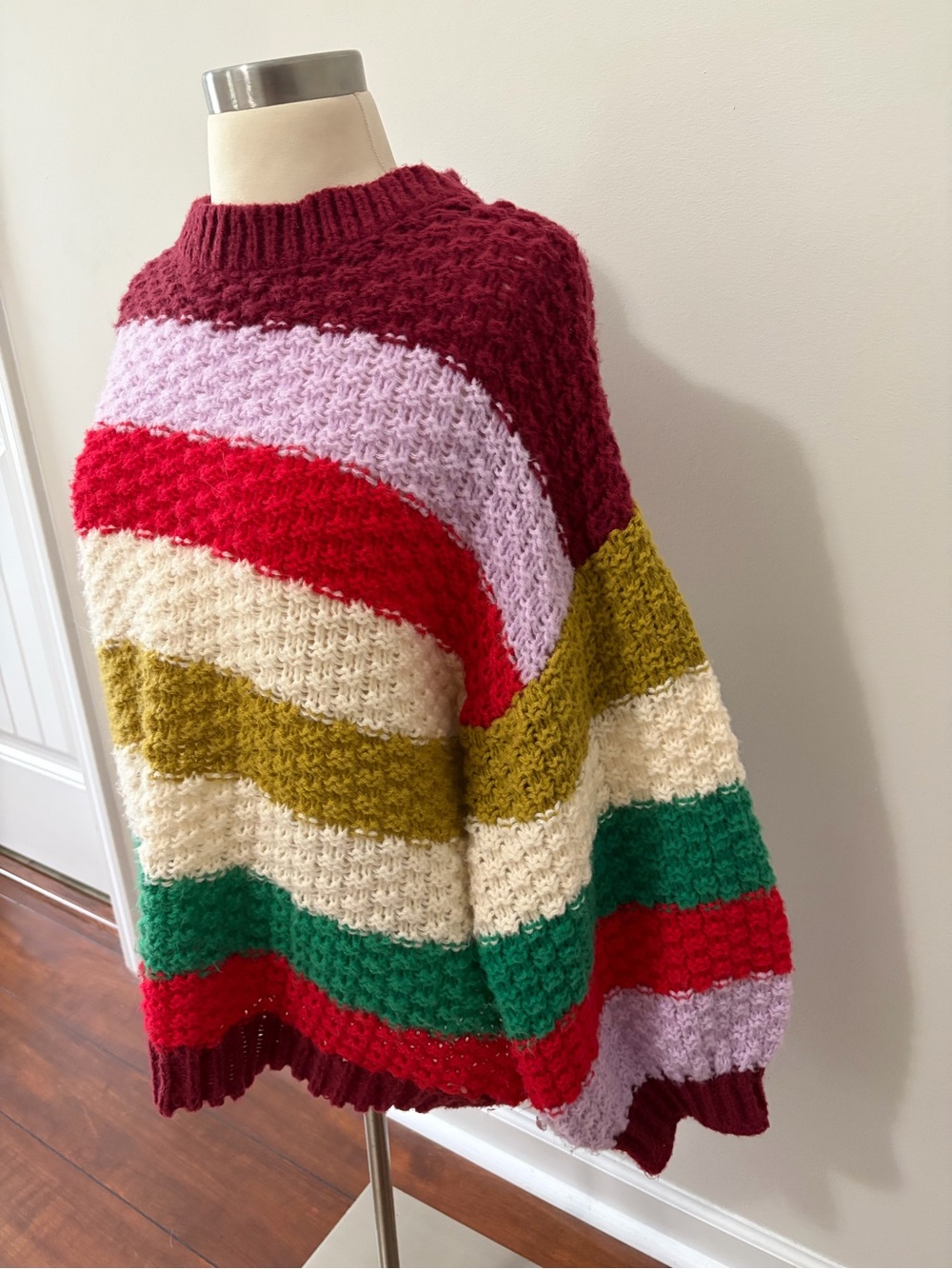 BiBi Multicolor Striped Chunky Crewneck Sweater Sz L Retro Trendy - Picture 6 of 8